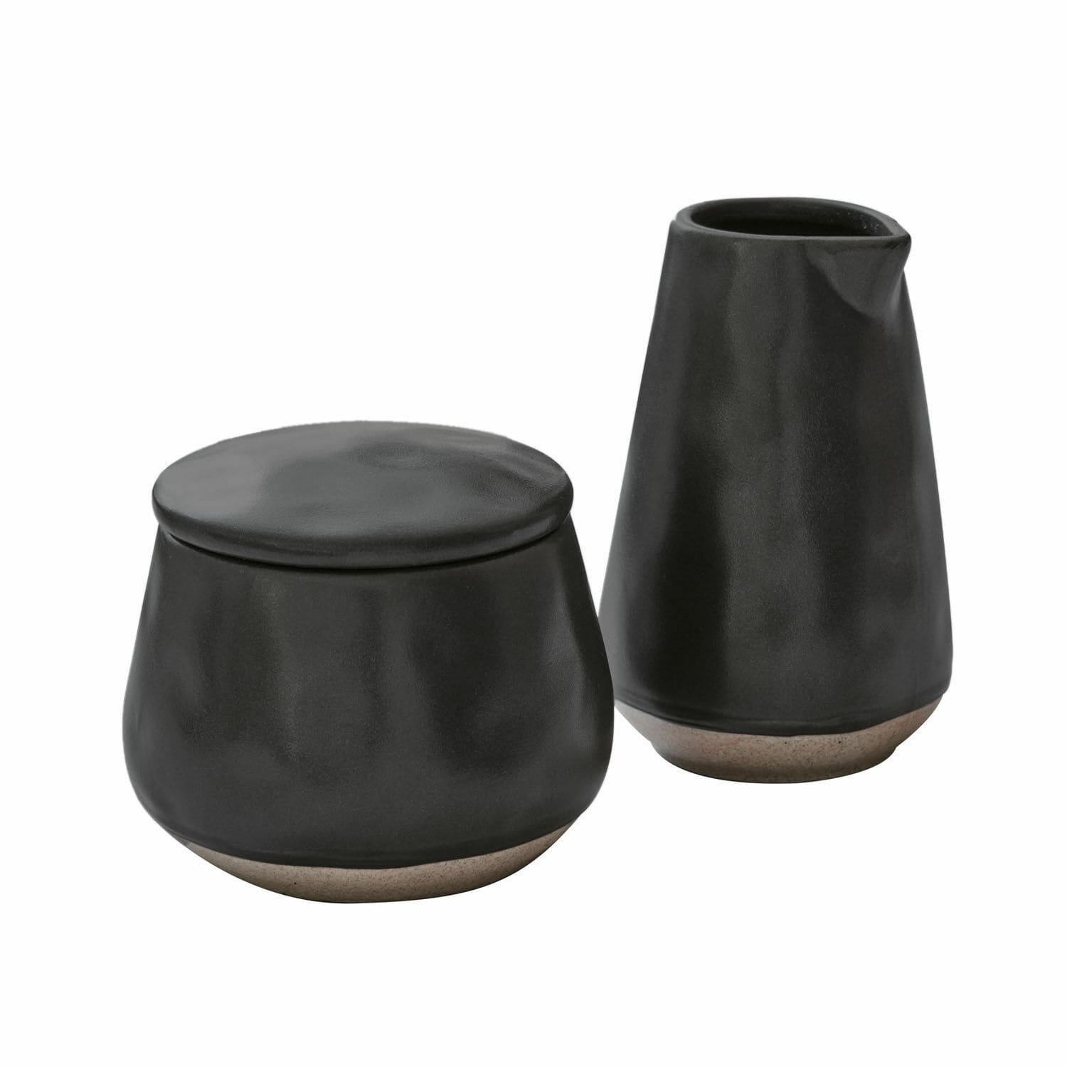 Zwarte keramische suikerpot en melkkan met beige bodem voor moderne keuken