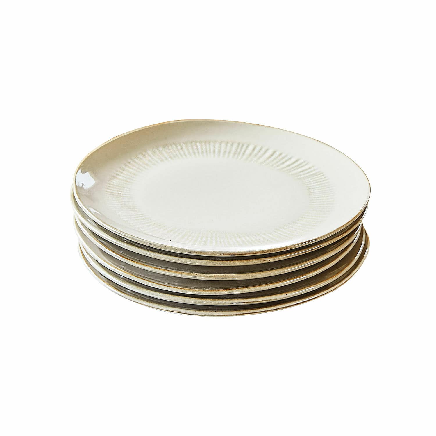Bord set van 6 Périers Set van zes crèmekleurige keramische borden met subtiel patroon en bruine rand