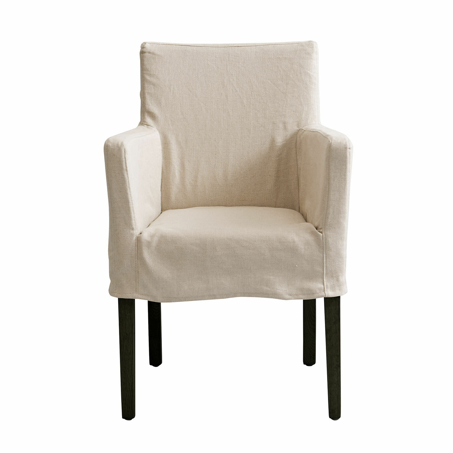 Stoel Longhill met zwarte poten, beige linnen bekleding, comfortabele zit voor woonkamer en eetkamer