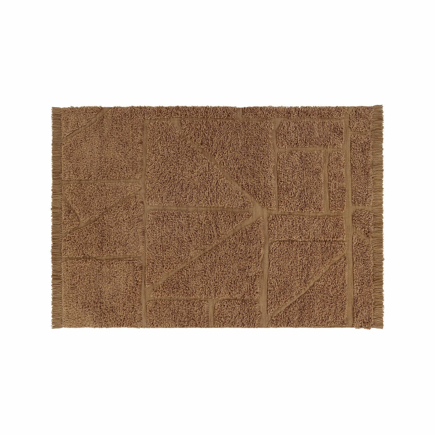 Vloerkleed Volemar Bruine badmat met geometrisch patroon en franjes, zacht materiaal, interieurdecoratie