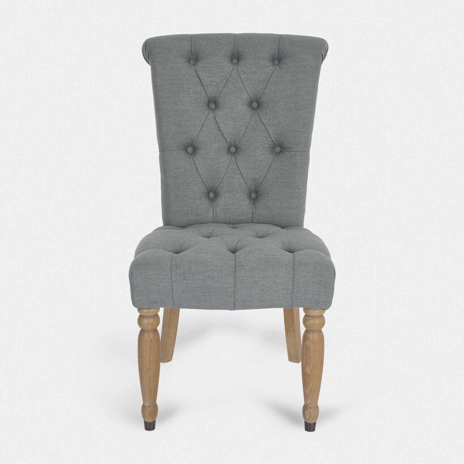 Stoel Claville Grijze gestoffeerde stoel met houten poten in vintage stijl voor woonkamer en eetkamer