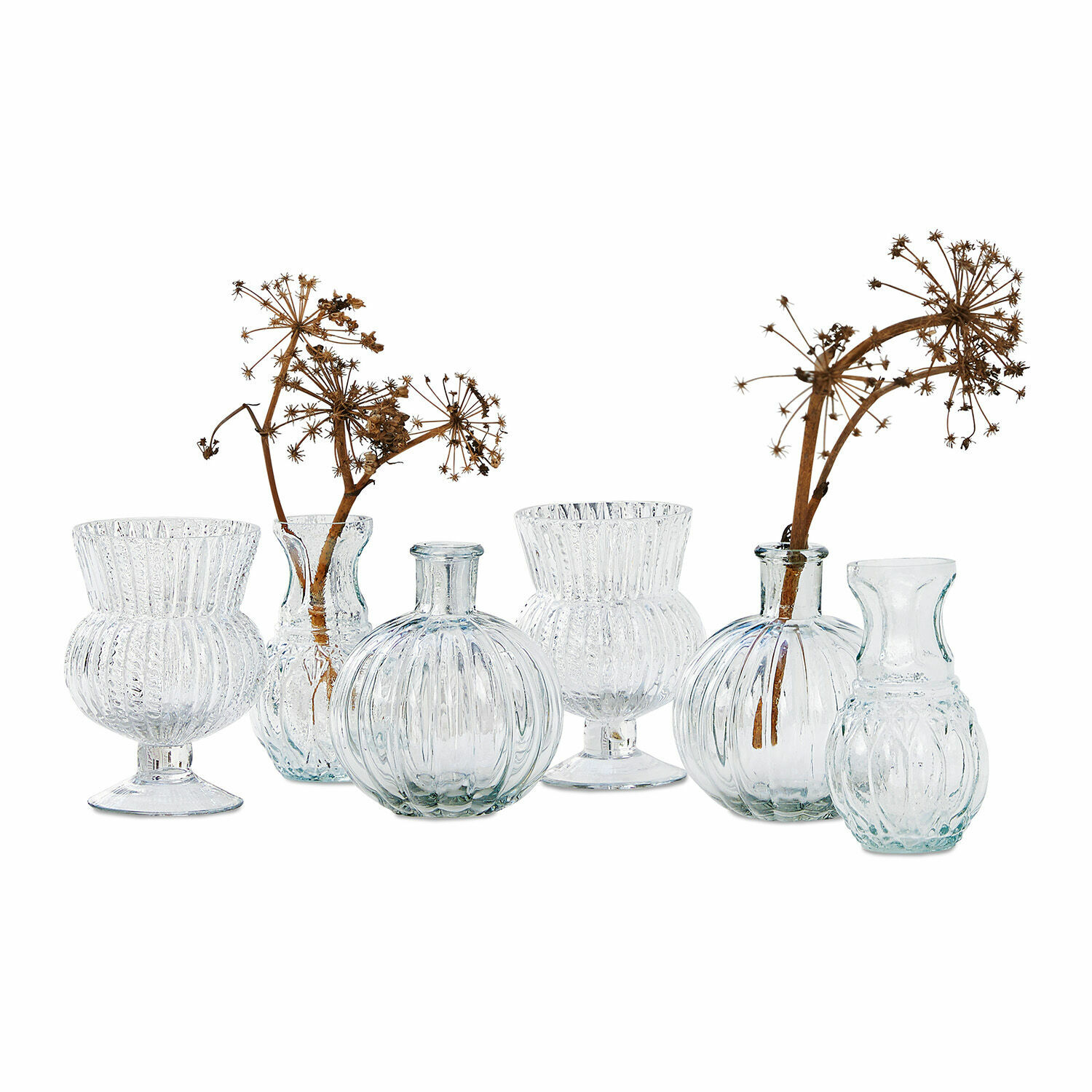 Vaas set van 6 Amber Set van zes transparante glazen vazen met gedroogde bloemen, tafeldecoratie