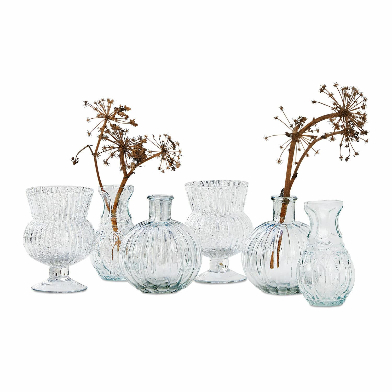 Vaas set van 6 Amber Set van zes transparante glazen vazen met gedroogde bloemen, tafeldecoratie