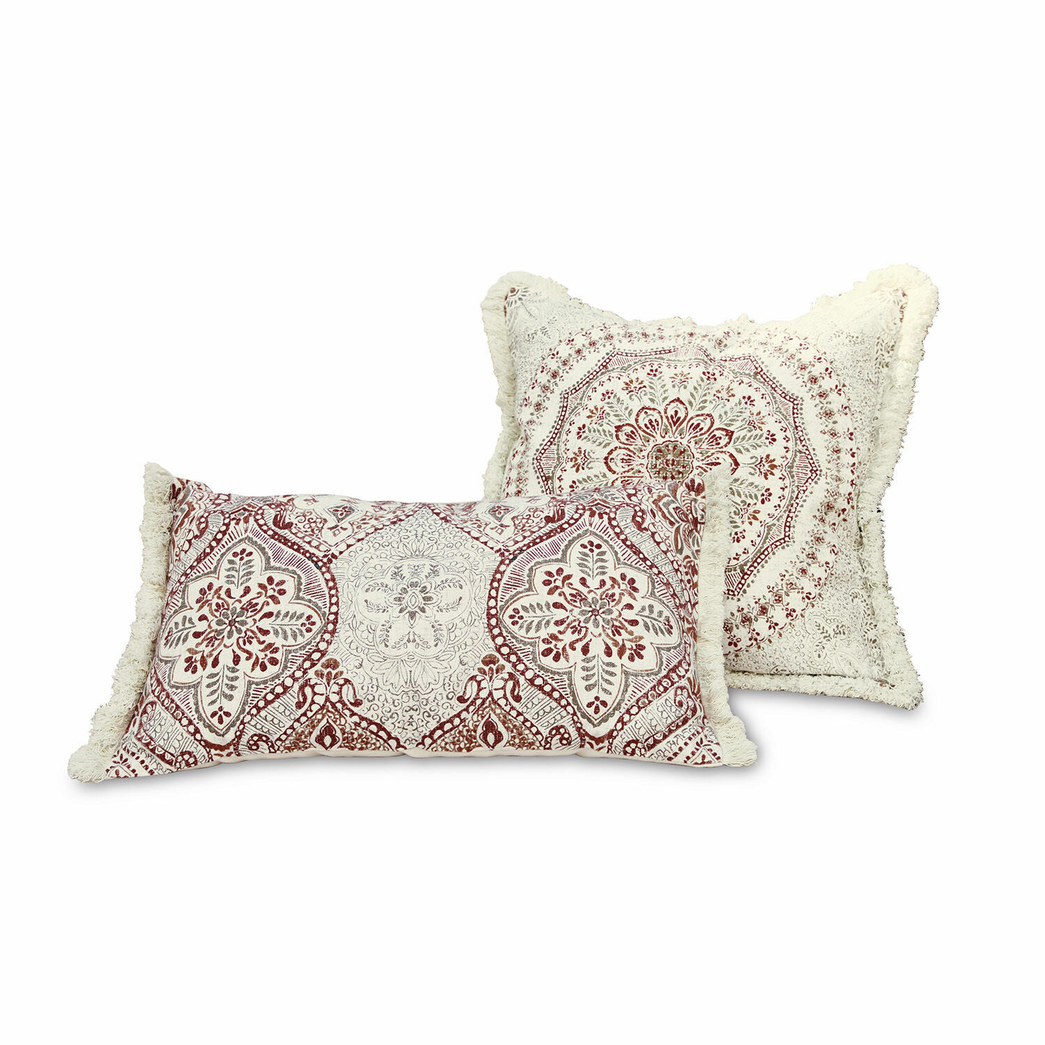 Kussenhoes set van 2 Margret Set van twee decoratieve katoenen kussens in crème-rood met franjes en bloemmotieven