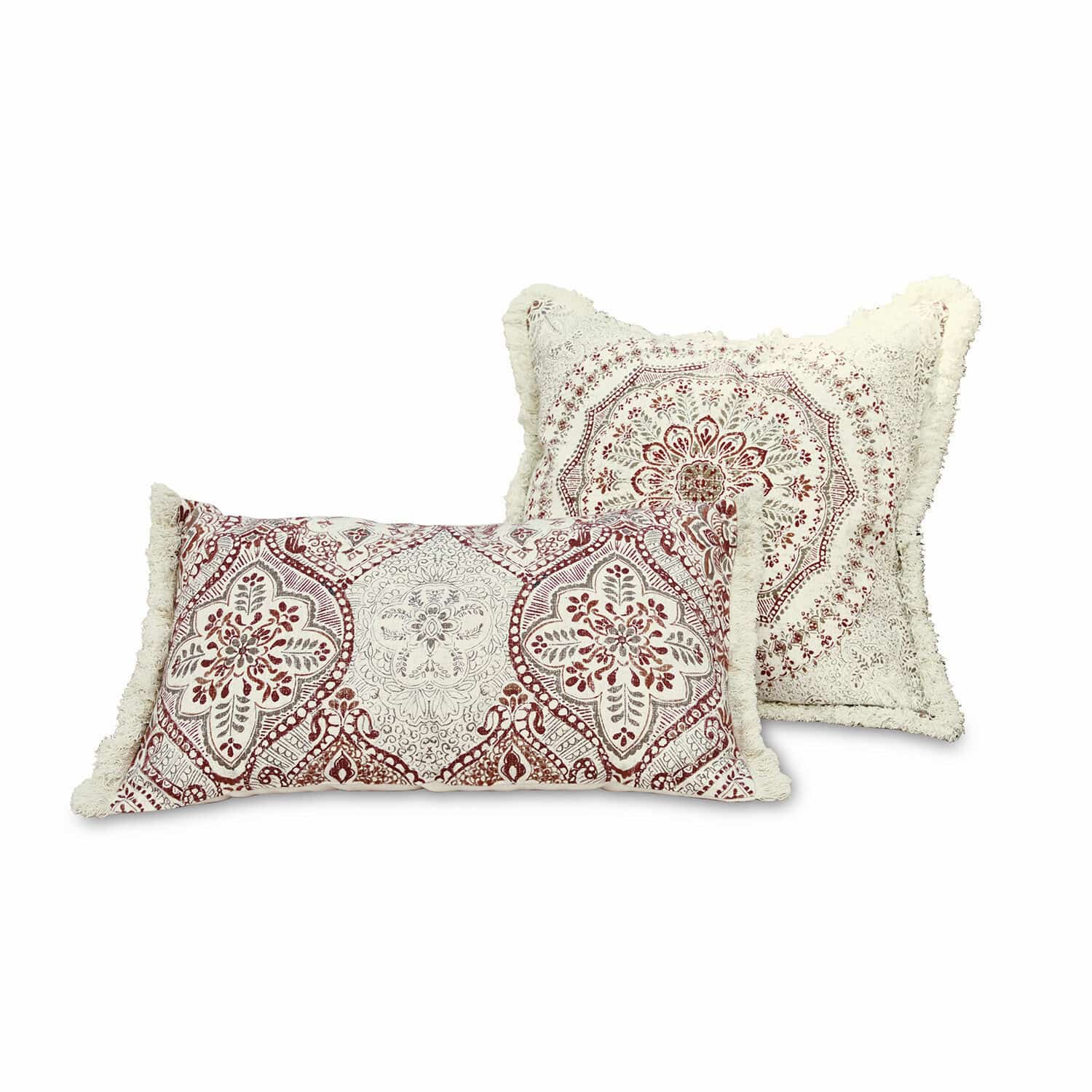 Kussenhoes set van 2 Margret Set van twee decoratieve katoenen kussens in crème-rood met franjes en bloemmotieven