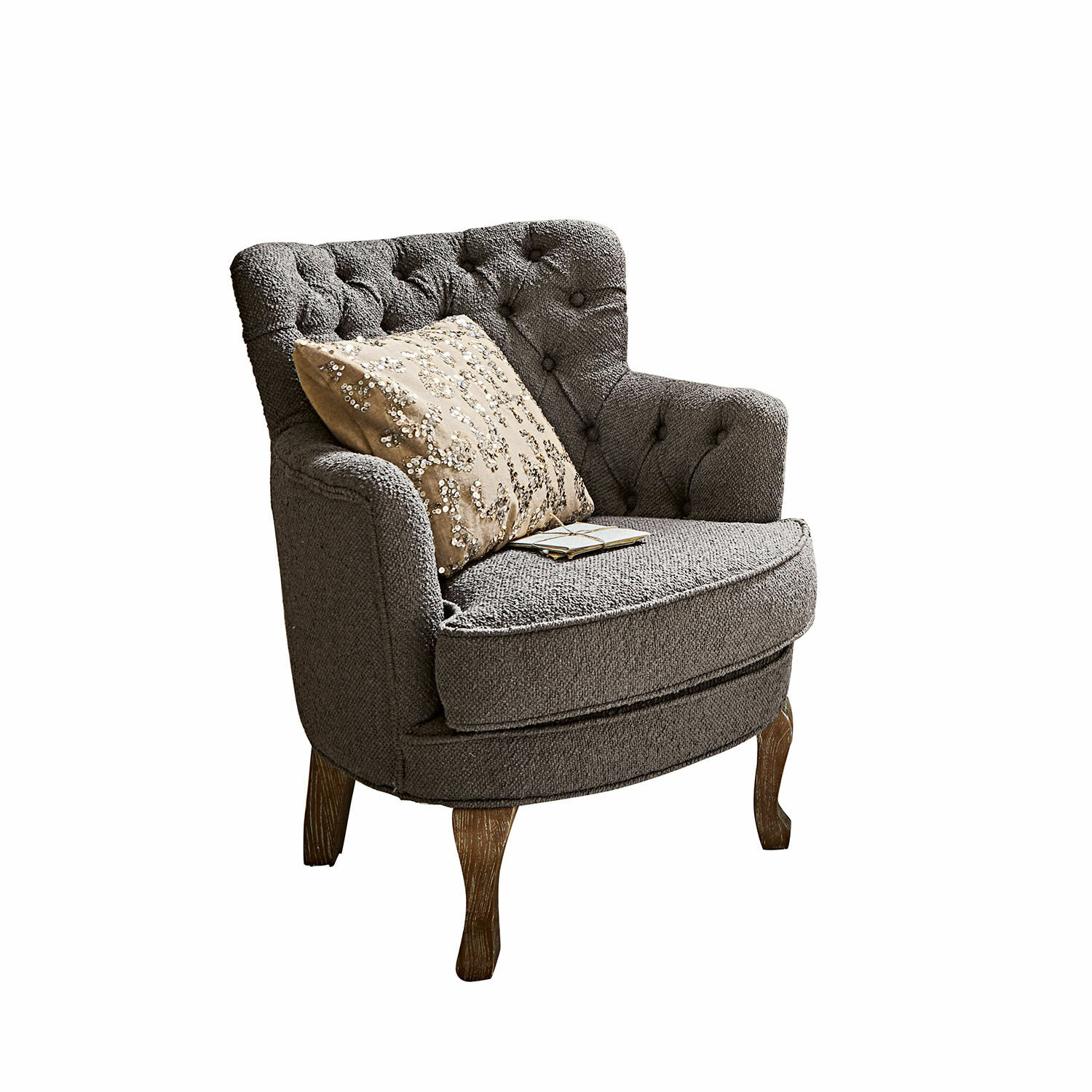 Fauteuil Calgary Grijze gestoffeerde fauteuil met houten poten en decoratief kussen, comfortabele woonkamerstoel