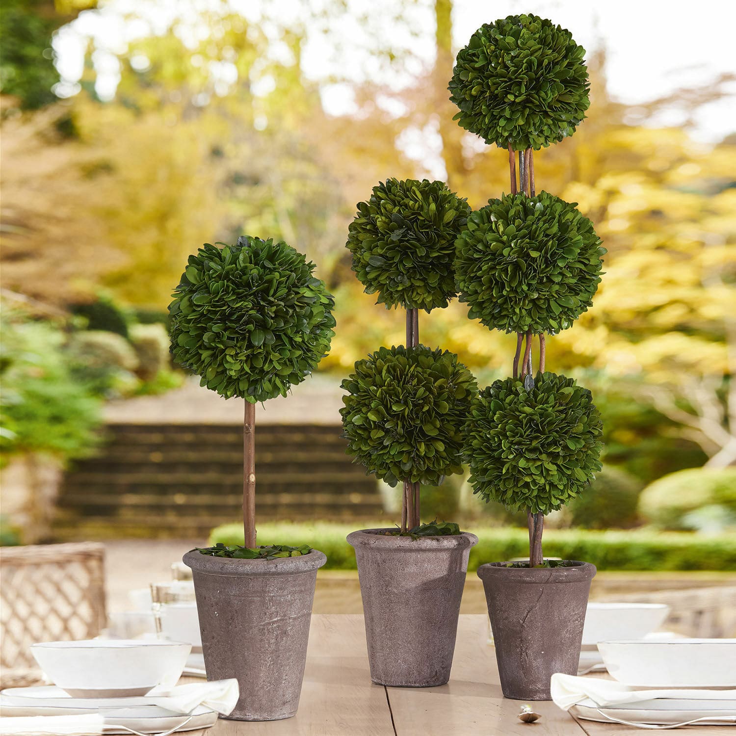 Sierboom Aube Decoratieve kunstmatige buxusbomen in grijze potten op een tuintafel