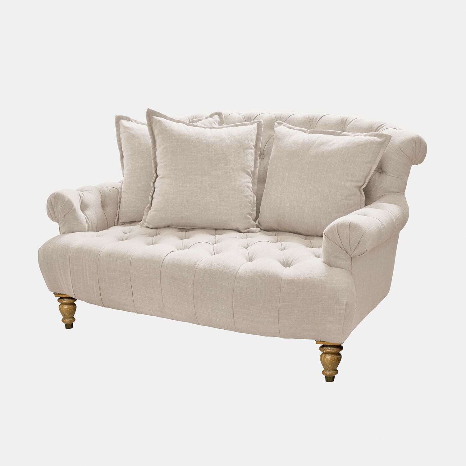 Bank Springfield Village Beige stoffen bank met gestoffeerde rugleuning en houten poten, comfortabele kussens
