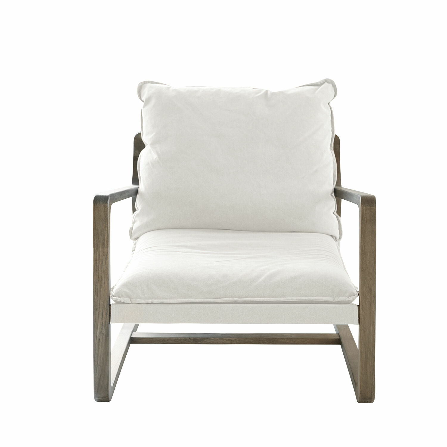 crème/bruin Fauteuil Jowna met crèmekleurige stof en bruin houten frame, comfortabele woonkamerstoel