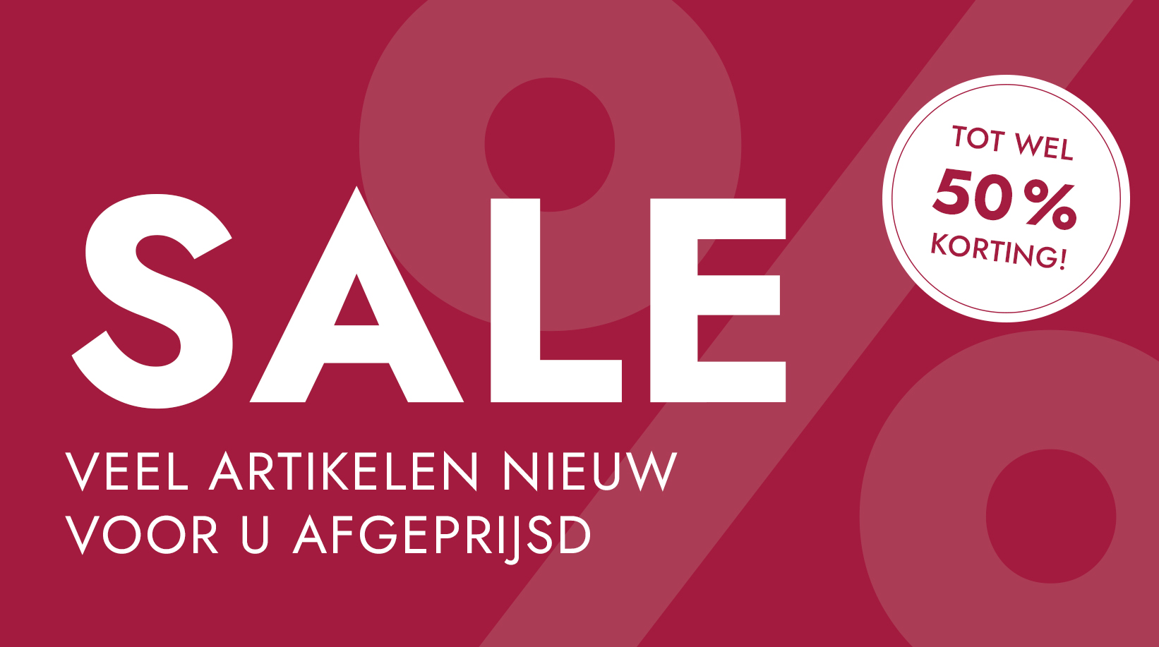 Rode achtergrond met SALE-tekst en aanbieding tot 50% korting op veel artikelen