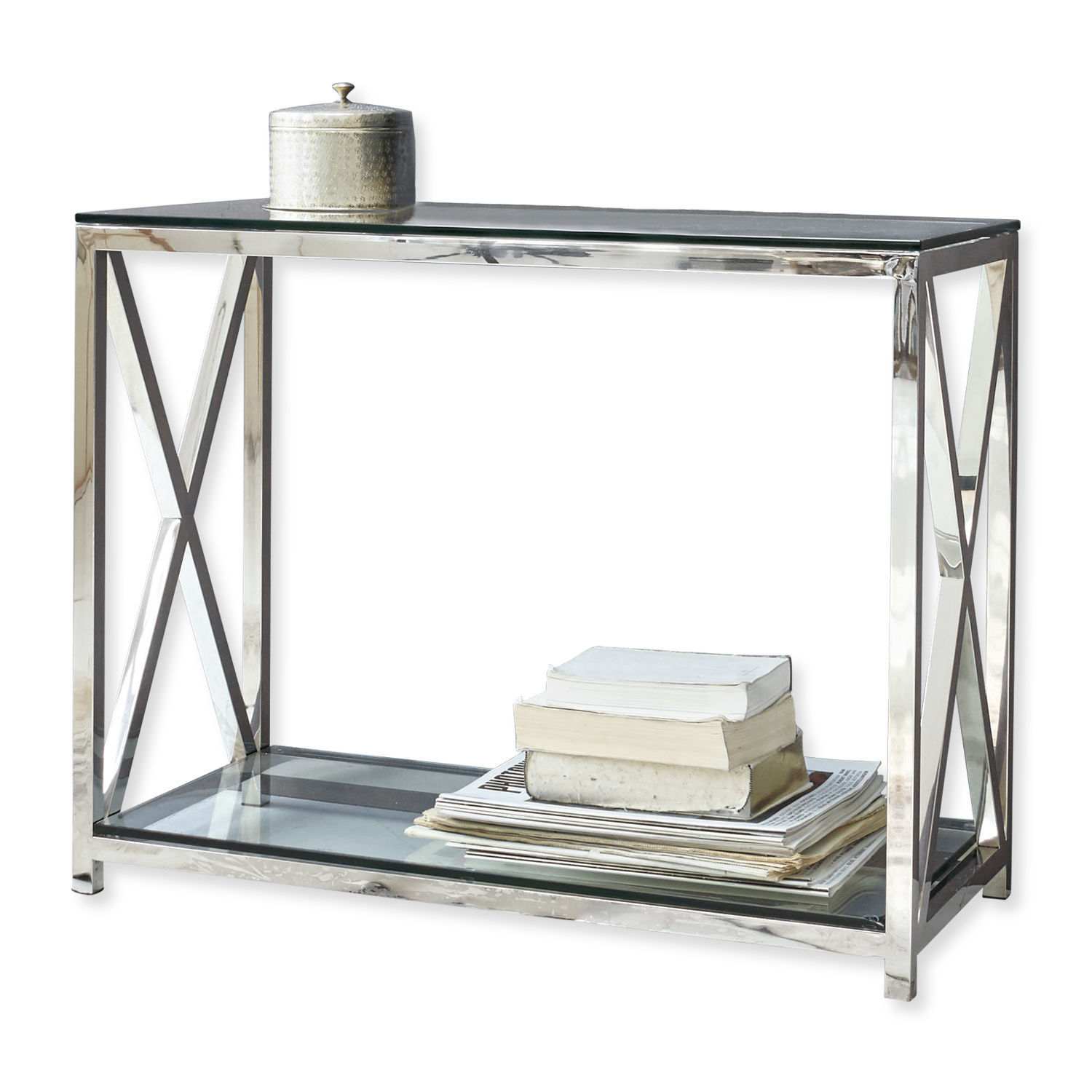 Sidetable Dartford Moderne console van roestvrij staal en glas met decoratieve boeken en zilveren doos erop