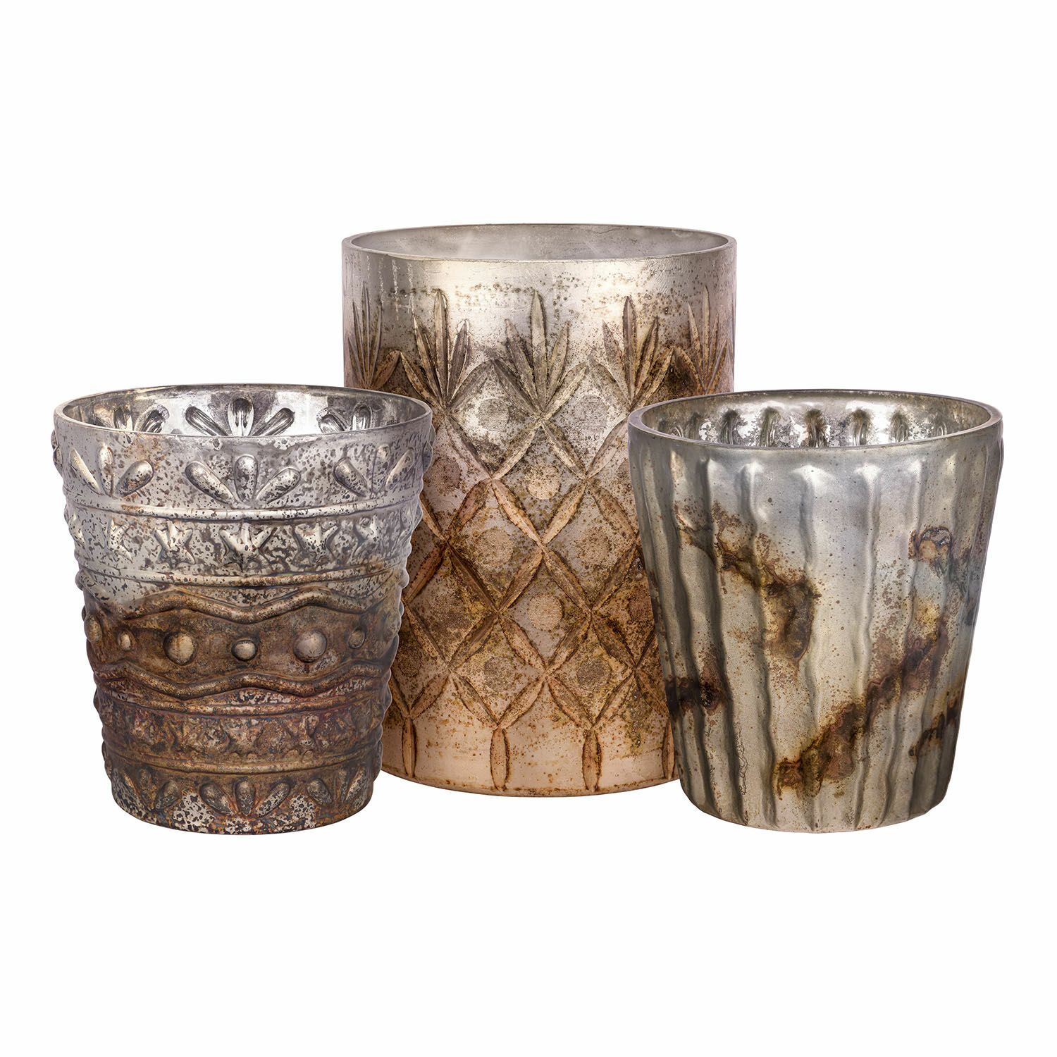 Set van drie metalen theelichthouders met rustiek patroon in zilver- en bruintinten