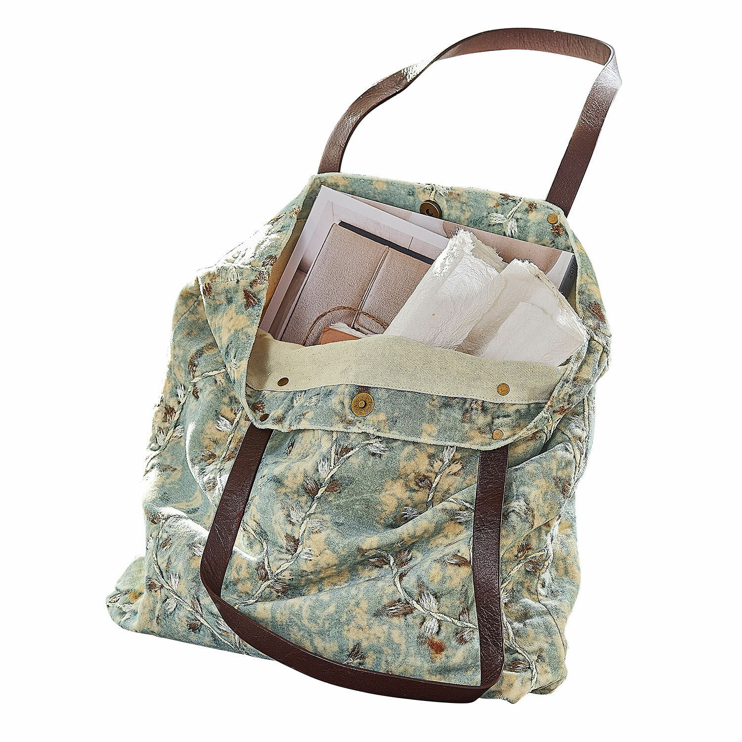 Tas LaRoux Tas van stof met groen-beige patroon en bruine handvatten, ideaal voor boodschappen en dagelijks gebruik