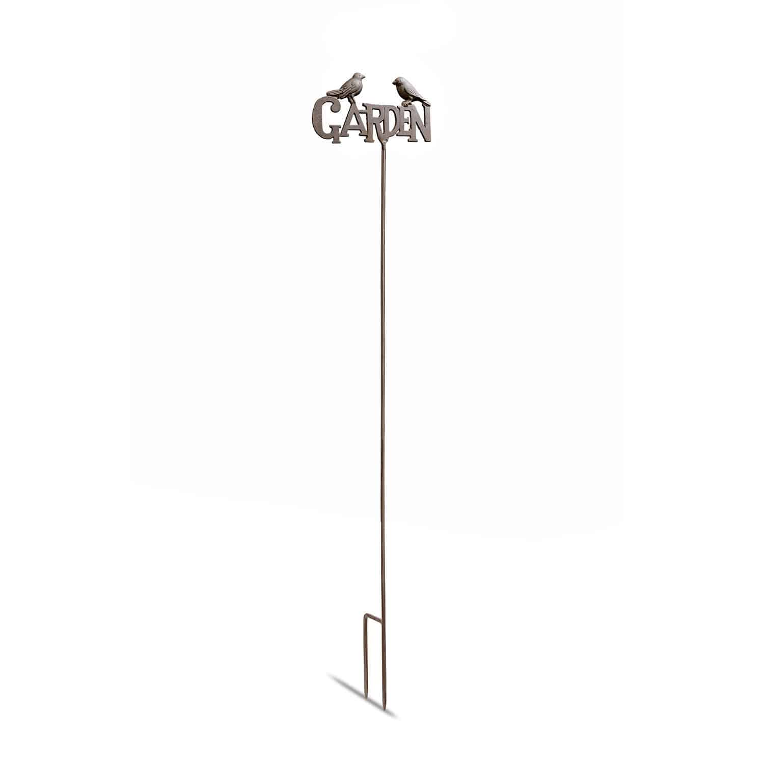 Tuinsteker Girra Metalen bruine tuinsteker met tekst GARDEN en twee vogelornamenten als decoratie