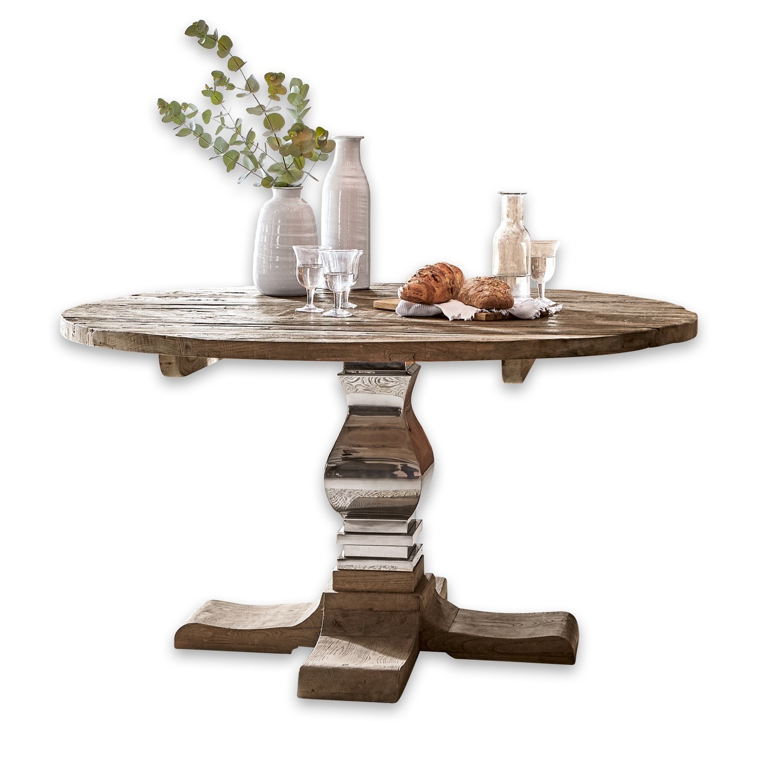 Tafel Vermilion Ronde houten tafel met metalen voet, gedecoreerd met vazen en brood erop