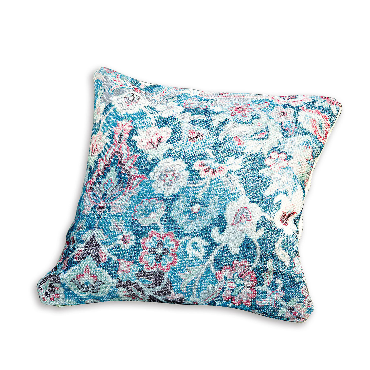 Decoratief kussen van stof met blauw-roze bloemenpatroon, zacht en stijlvol voor de woonkamer