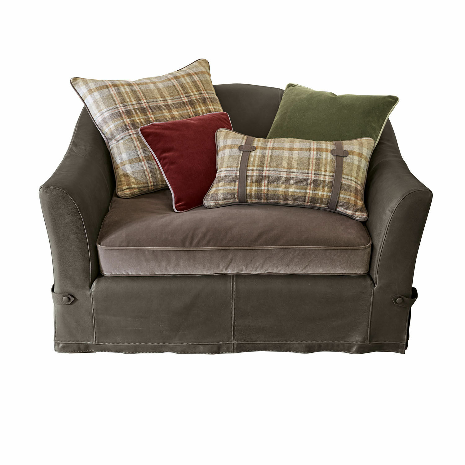 Grijze Halton fauteuil van zacht materiaal met geruite kussens en comfortabele fluwelen zitting