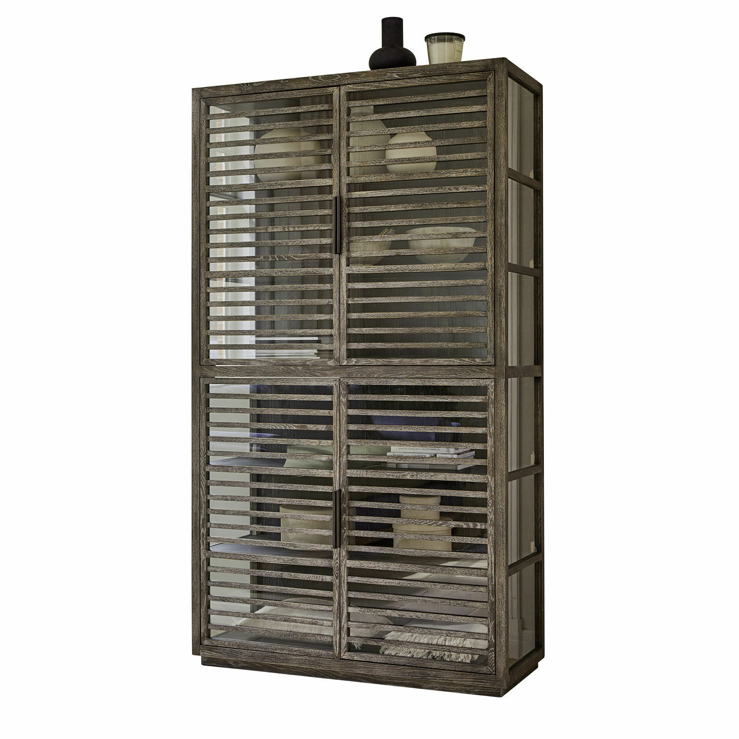 Kast Trowbridge Grijze houten vitrinekast met glazen deuren en horizontale latten, moderne woonkamermeubel