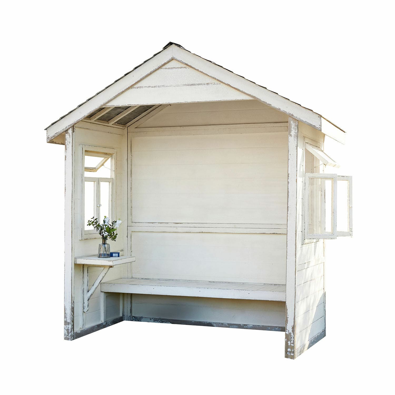 Tuinhuis Matoury Witte houten tuinprieel met bank en openslaande ramen in rustieke stijl