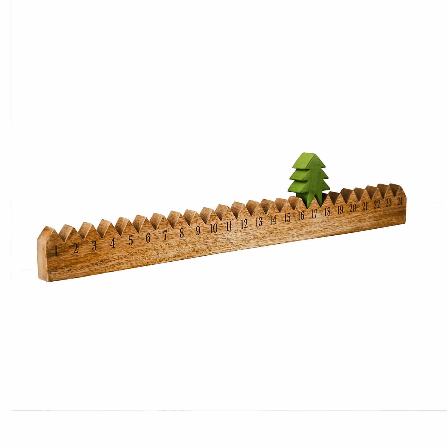 Houten adventskalender met groene boomfiguur en nummers van 1 tot 24, kerstdecoratie