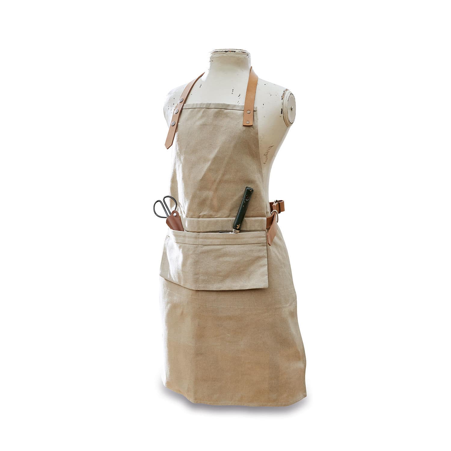 Schort Garda Beige katoenen schort met zak en leren banden, praktische keukenschort