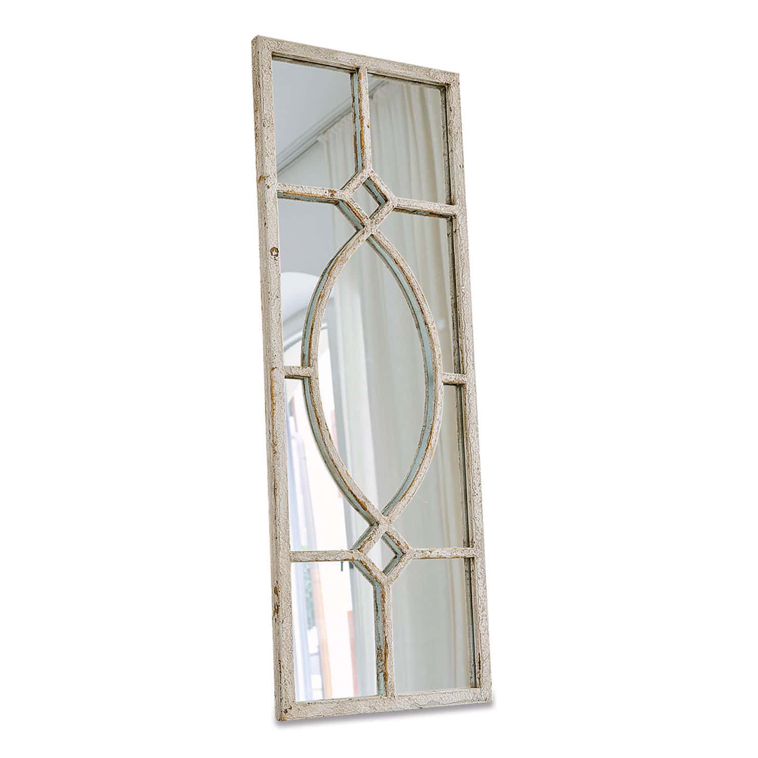 Spiegel Millery Wandspiegel met witte verweerde houten lijst en decoratief patroon in vintage stijl