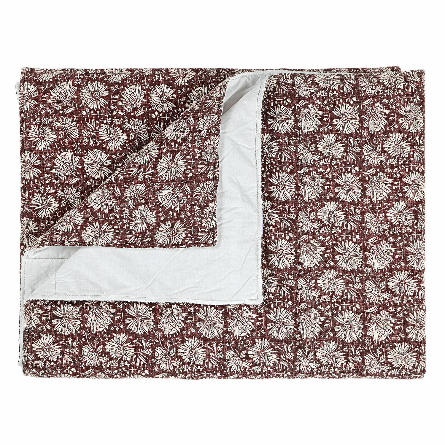 Plaid Soleique Draaibare katoenen sprei met bordeaux bloemenpatroon en witte achterkant, decoratief beddengoed