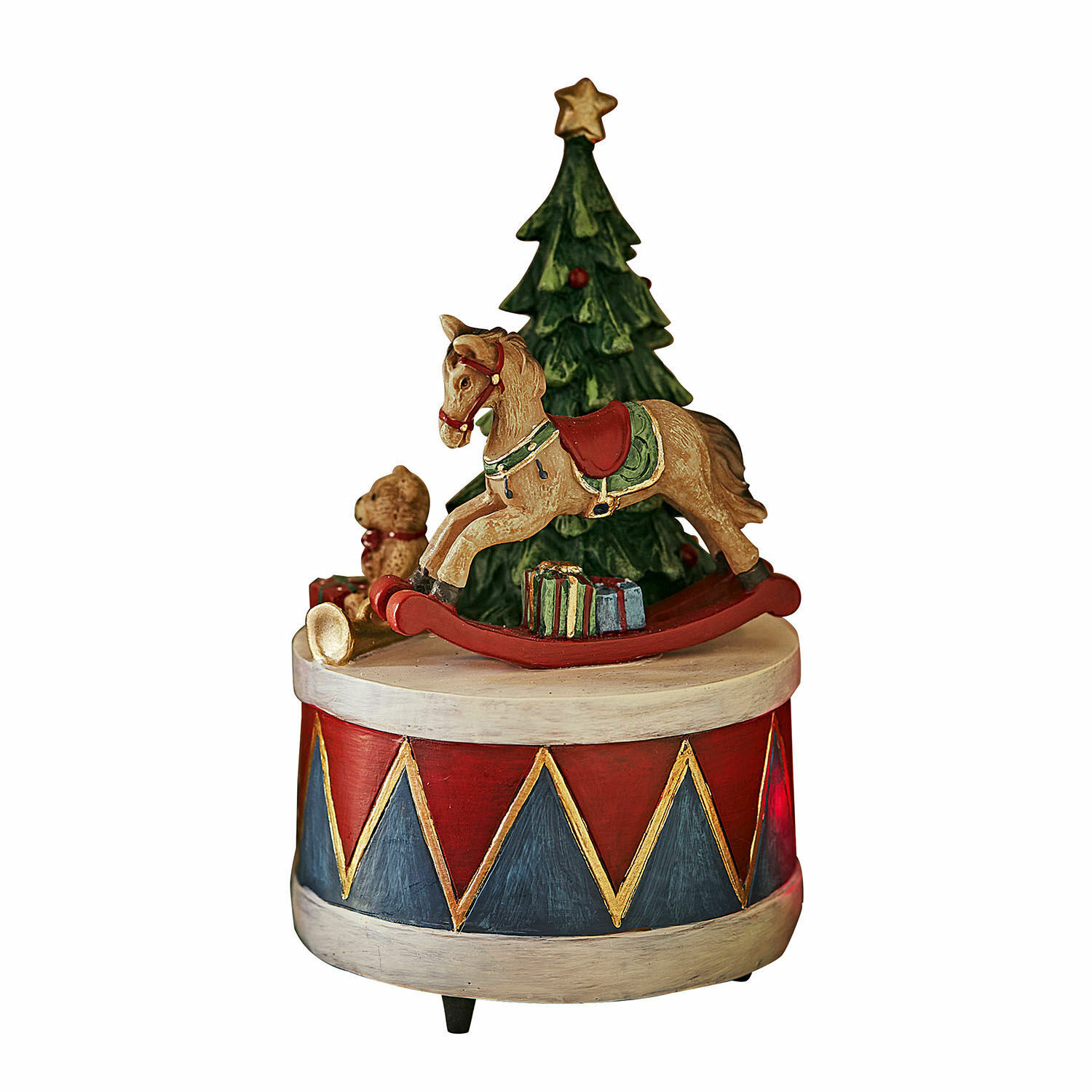 Speeldoosje Harmony Houten kerstdecoratie met hobbelpaard, kerstboom en beer op rood-blauwe trommel