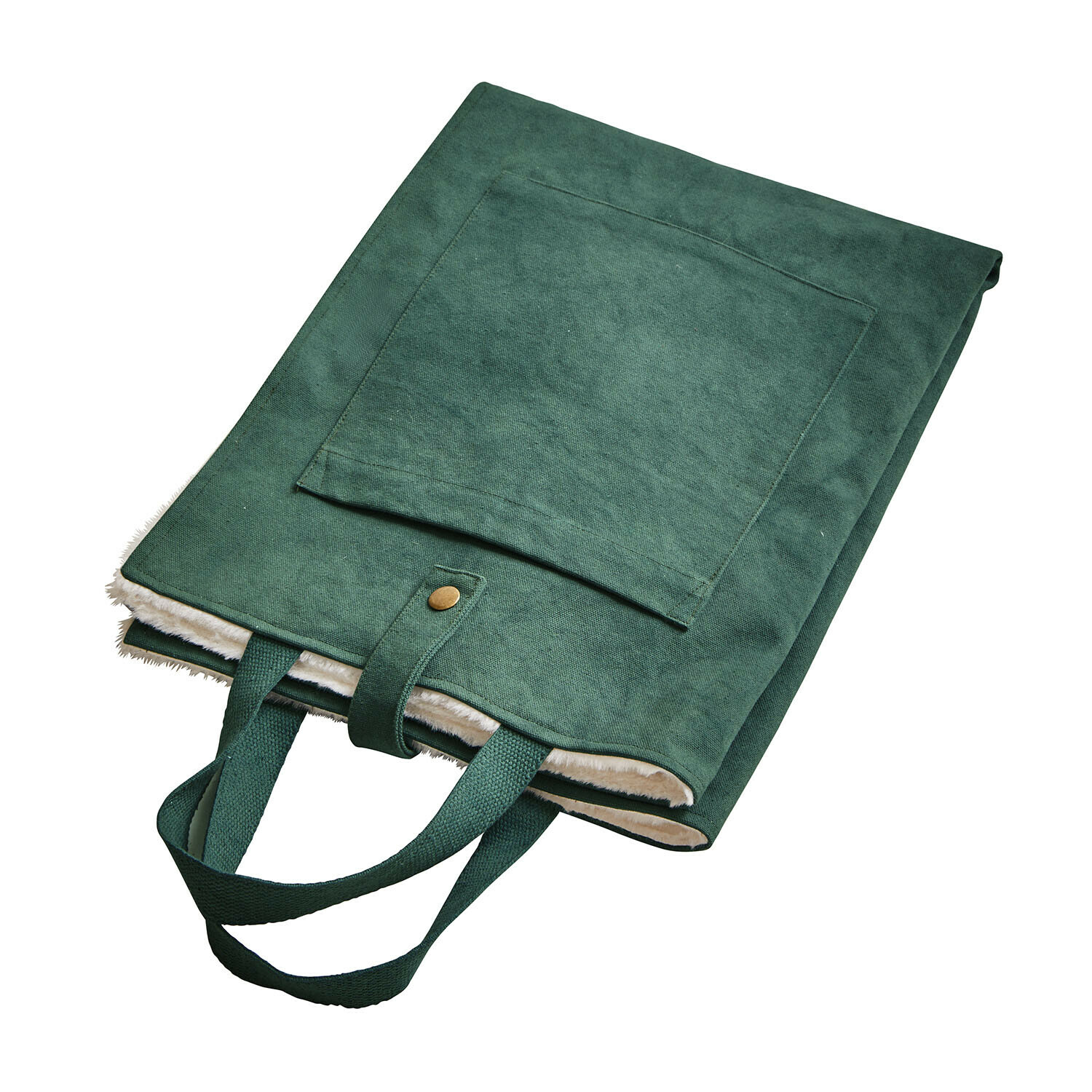 Groene stoffen tas met handvatten en zachte witte binnenkant, praktische boodschappentas