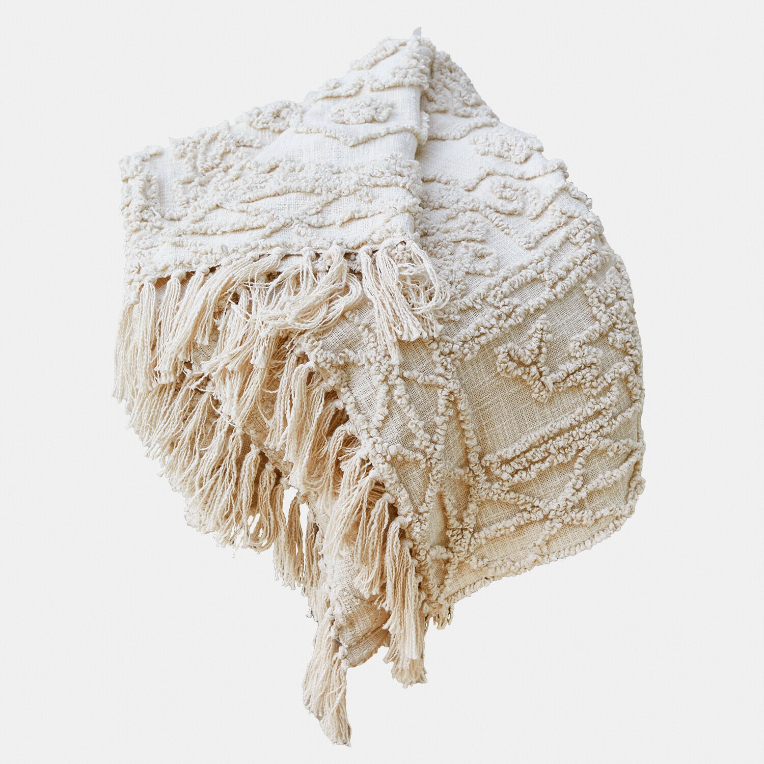 Beige decoratief plaid met franjes en geometrisch patroon van zachte stof