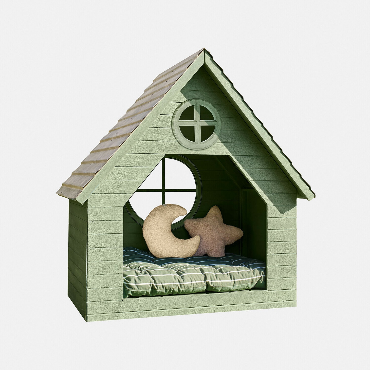 Speelhuisje Lunibu Groen houten dierenhuis met rond raam en zacht gestreept kussen