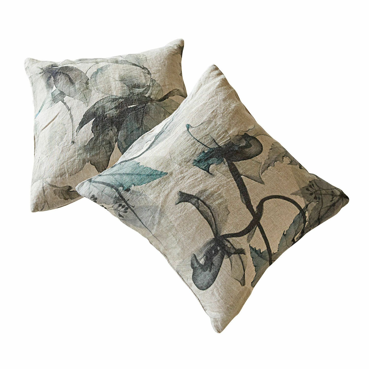 Kussenhoes set van 2 Forsyth Set van twee decoratieve linnen kussens in beige met bladmotief voor woonkamer