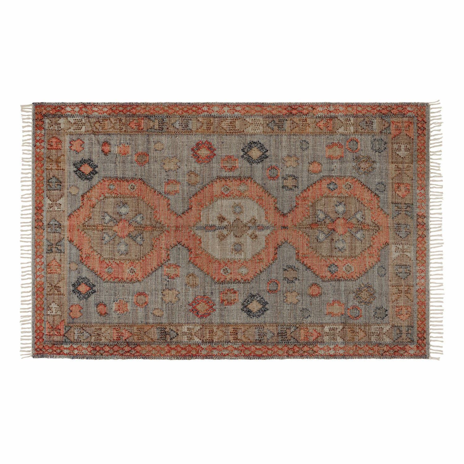 Vloerkleed Exeter Vintage katoenen vloerkleed in grijs en oranje met franjes, stijlvolle woondecoratie
