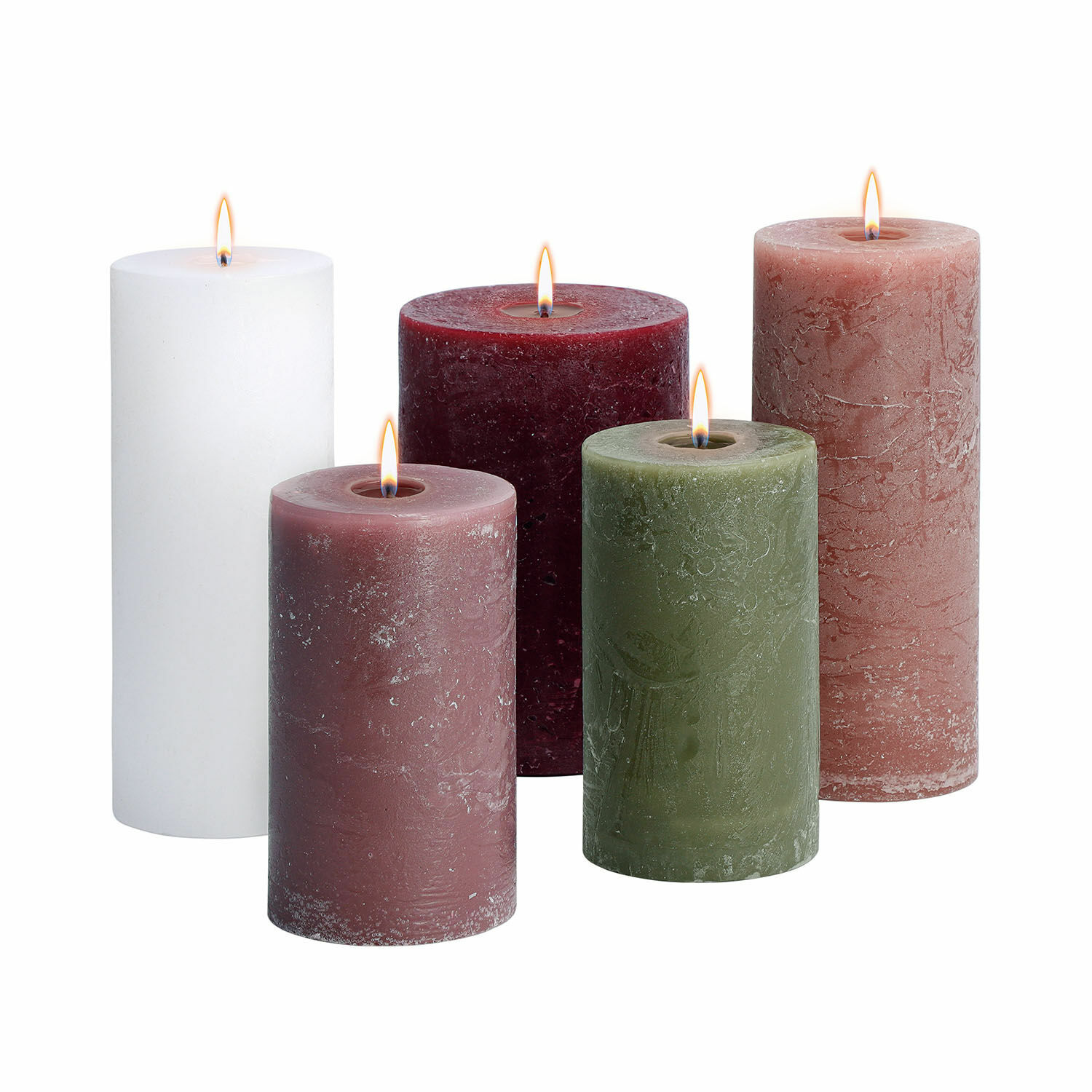 Kaars set van 5 Panagra Set van vijf decoratieve kaarsen van was in verschillende kleuren: wit, bordeaux, groen en roze tinten
