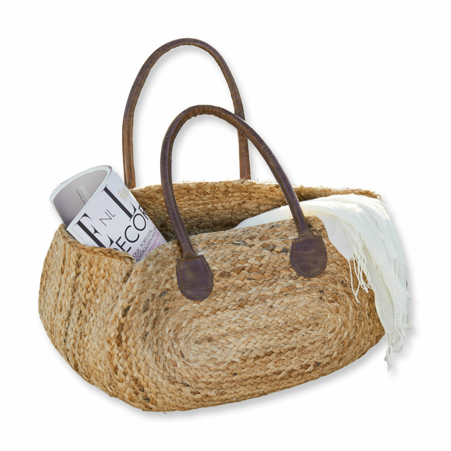 Tas Gravesend Gevlochten tas van zeegras met bruine leren handvatten, natuurlijke kleur, boodschappentas