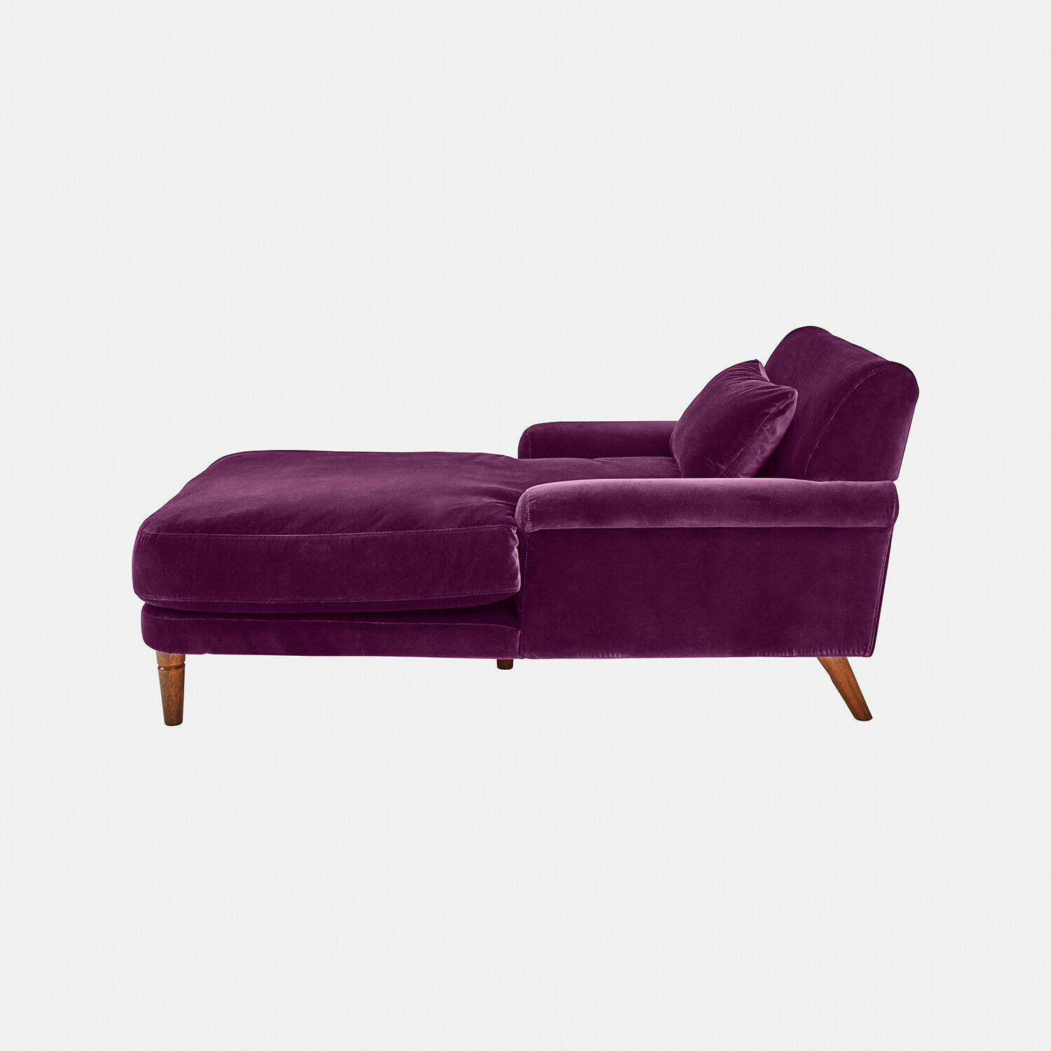 Lila fluwelen chaise longue Jouvrelle met houten poten, comfortabel voor woonkamer en ontspanning