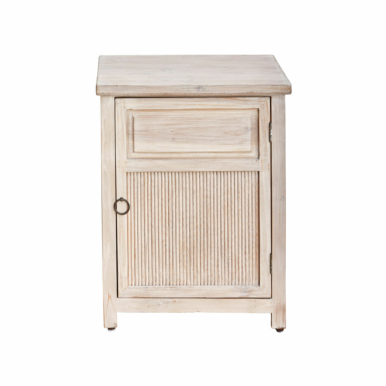 Bruine houten nachtkastje met geribbelde deur en metalen handgreep voor slaapkamer