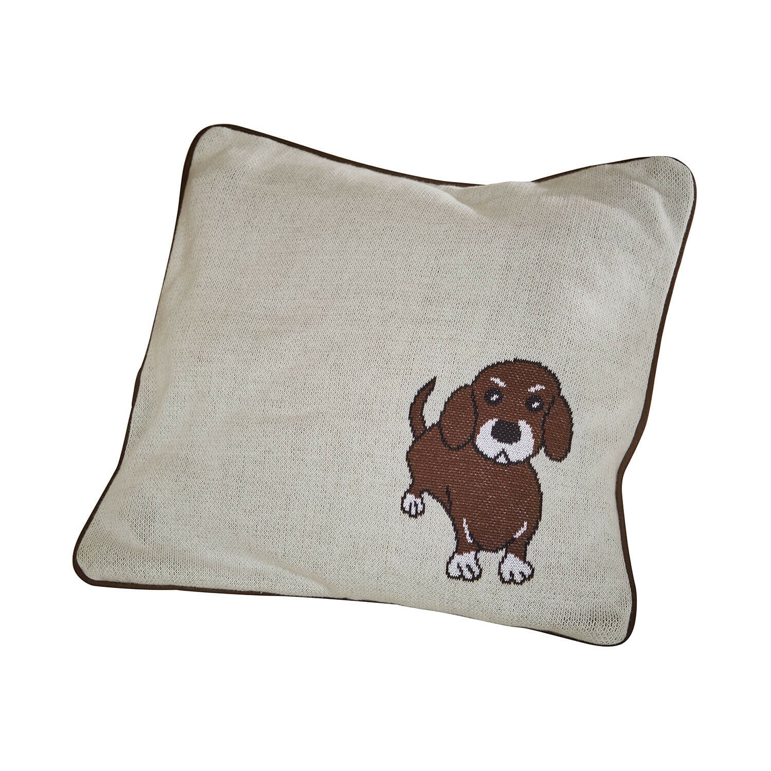 Kussenhoes Mehrana Beige kussen met bruine rand en hondenborduursel, zacht materiaal voor woondecoratie