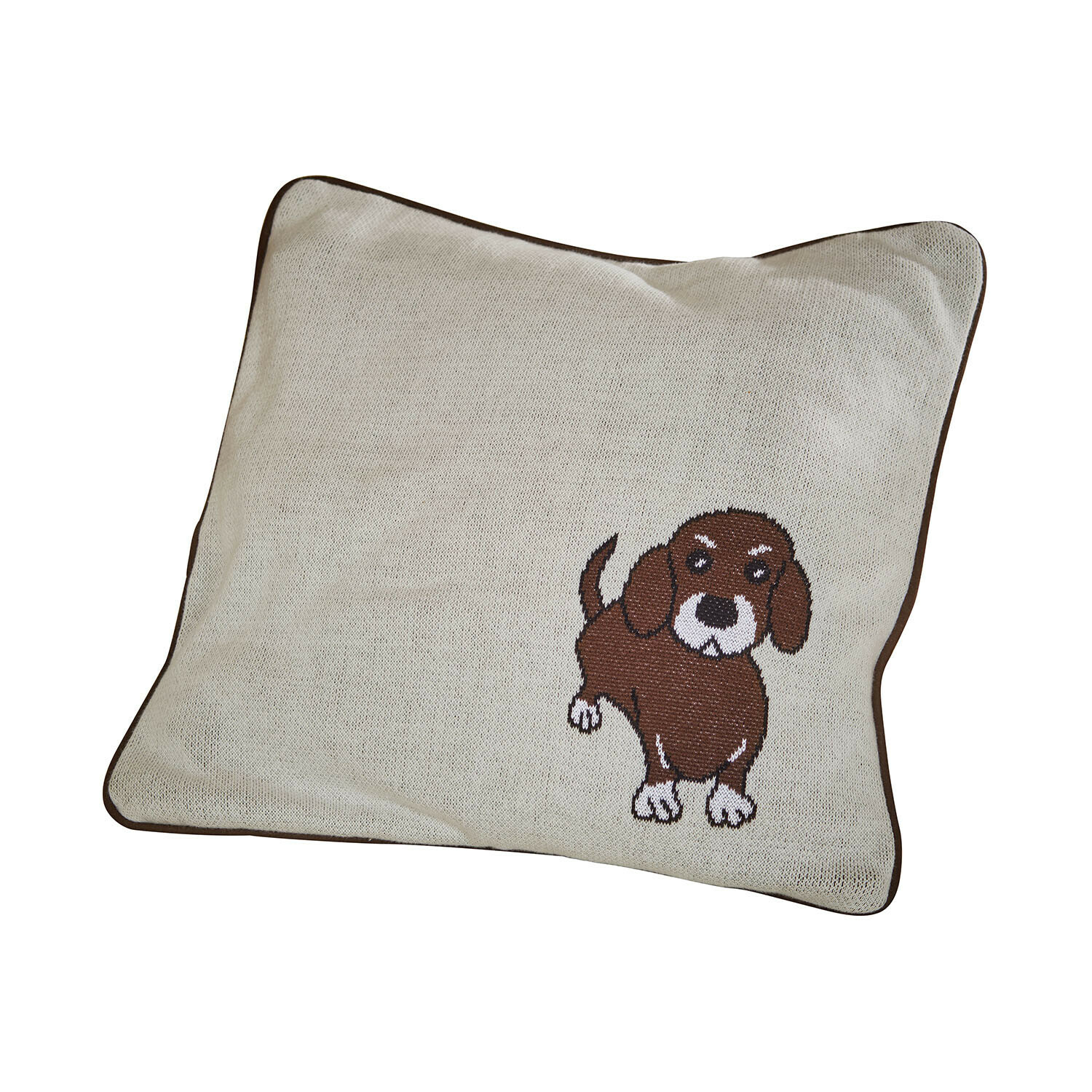 Kussenhoes Mehrana Beige kussen met bruine rand en hondenborduursel, zacht materiaal voor woondecoratie