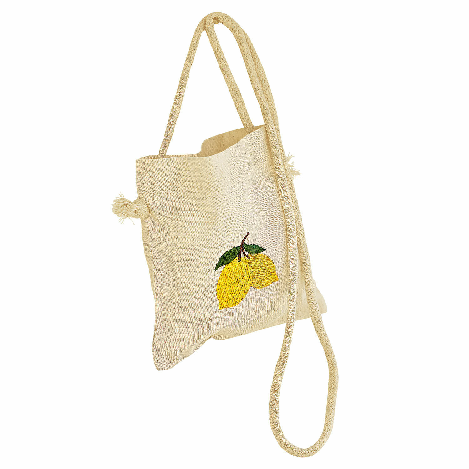 Tas Palerina Beige linnen tas met citroenborduursel en lange schouderband, lichte boodschappentas