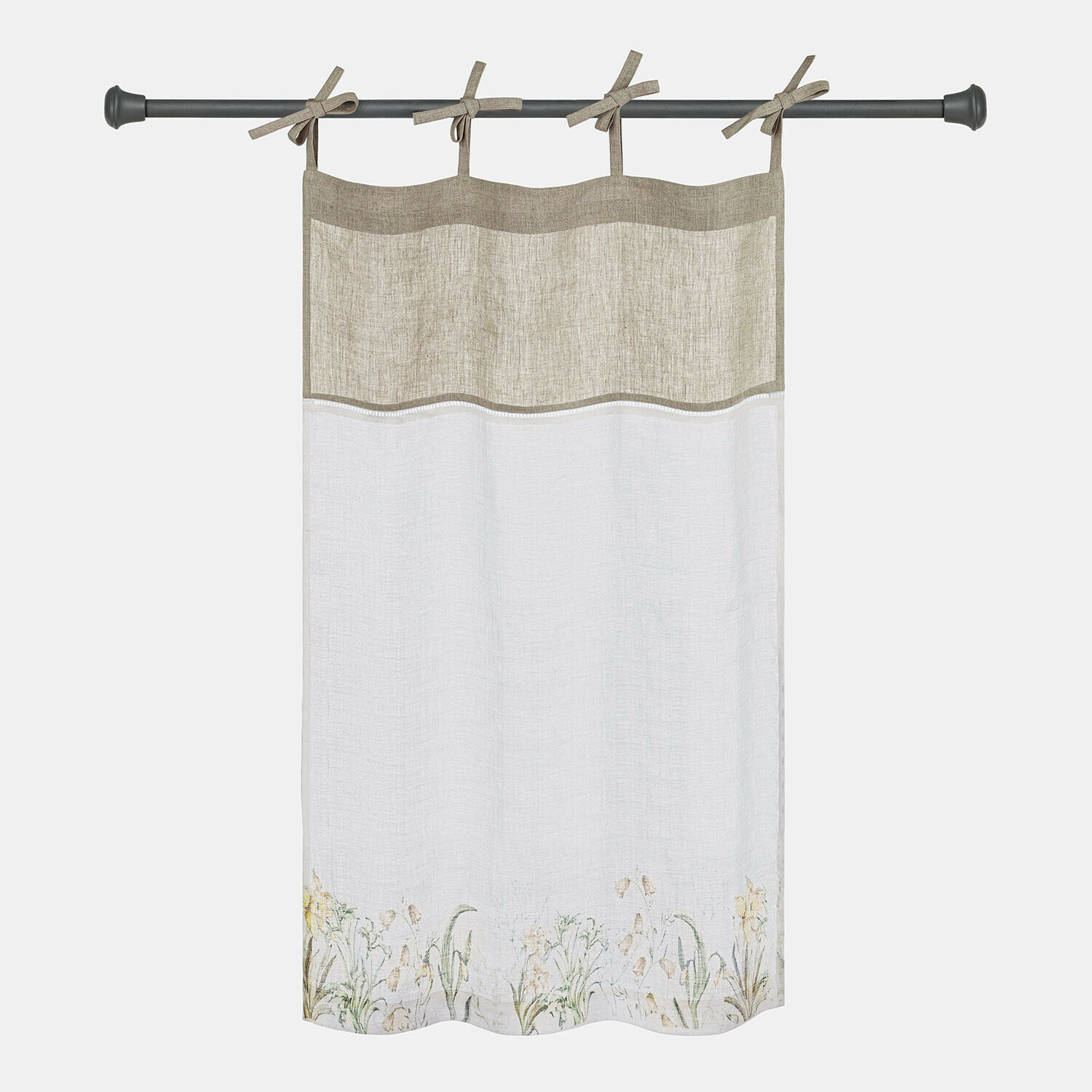 Vitrage Lozere Linnen gordijn in beige en wit met bloemenpatroon onderaan en striklinten om op te hangen