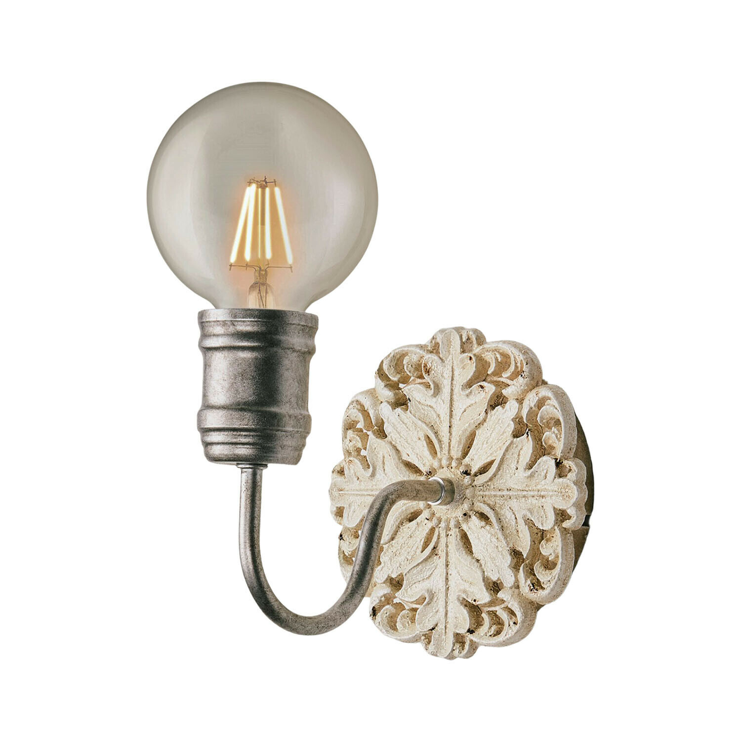 Wandlamp met metalen arm en decoratieve witte vintage basis met LED-lamp