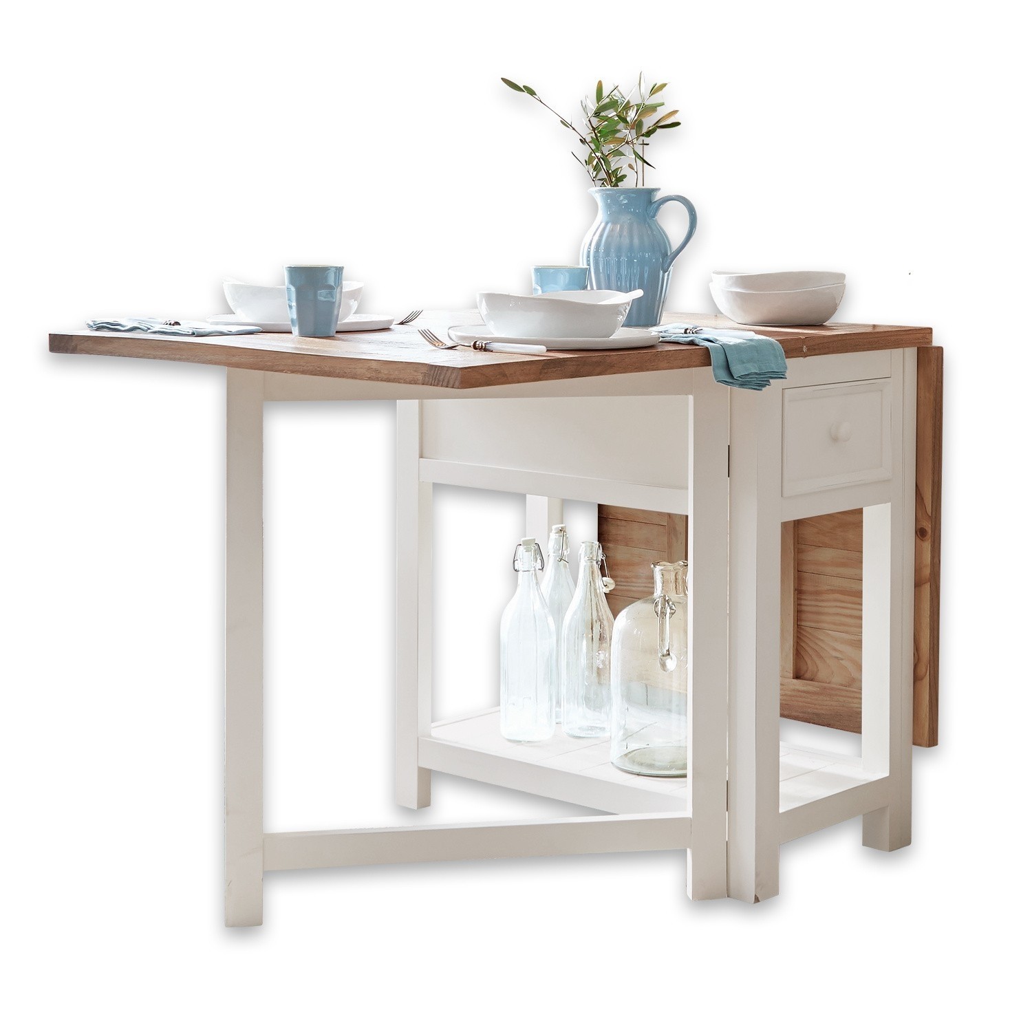 Tafel Dale Inklapbare tafel van wit hout met natuurlijk houten blad, gedecoreerd met servies en blauwe vaas