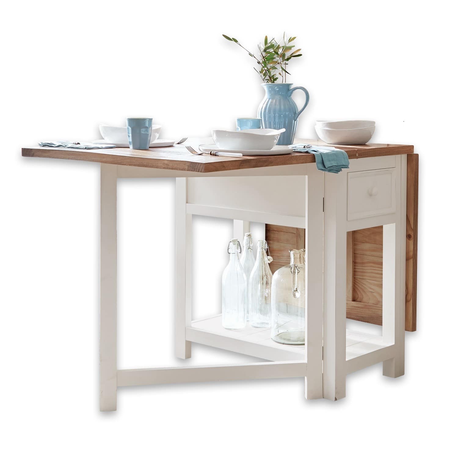 Tafel Dale Inklapbare tafel van wit hout met natuurlijk houten blad, gedecoreerd met servies en blauwe vaas