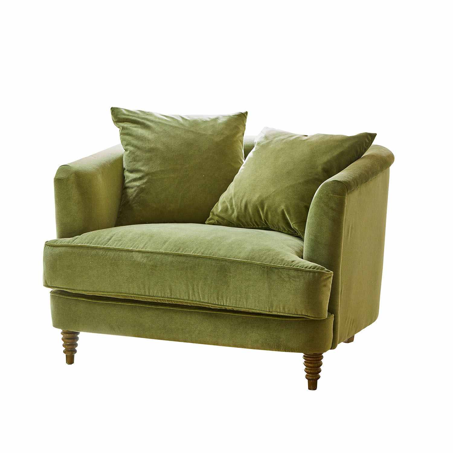 Groene Etueffont fauteuil van zachte stof met kussens en houten poten voor woonkamer