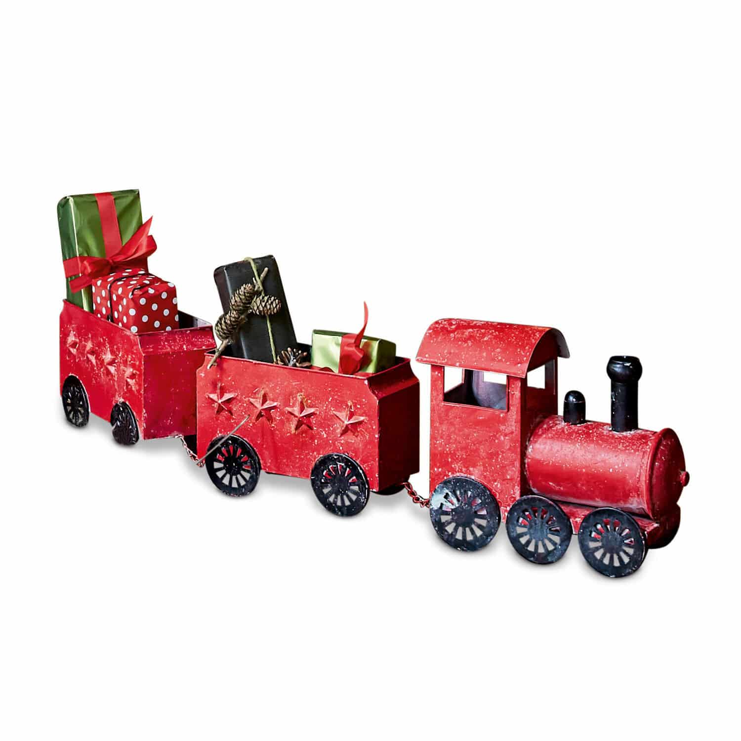 Siertrein Ayene Rode metalen decoratietrein met sterren, gevuld met cadeaus, feestelijke kerstversiering