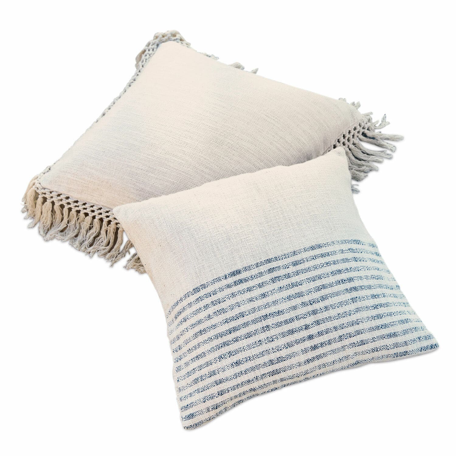 Kussenhoes set van 2 Marpent Set van twee decoratieve katoenen kussens in crème met franjes en blauwe strepen