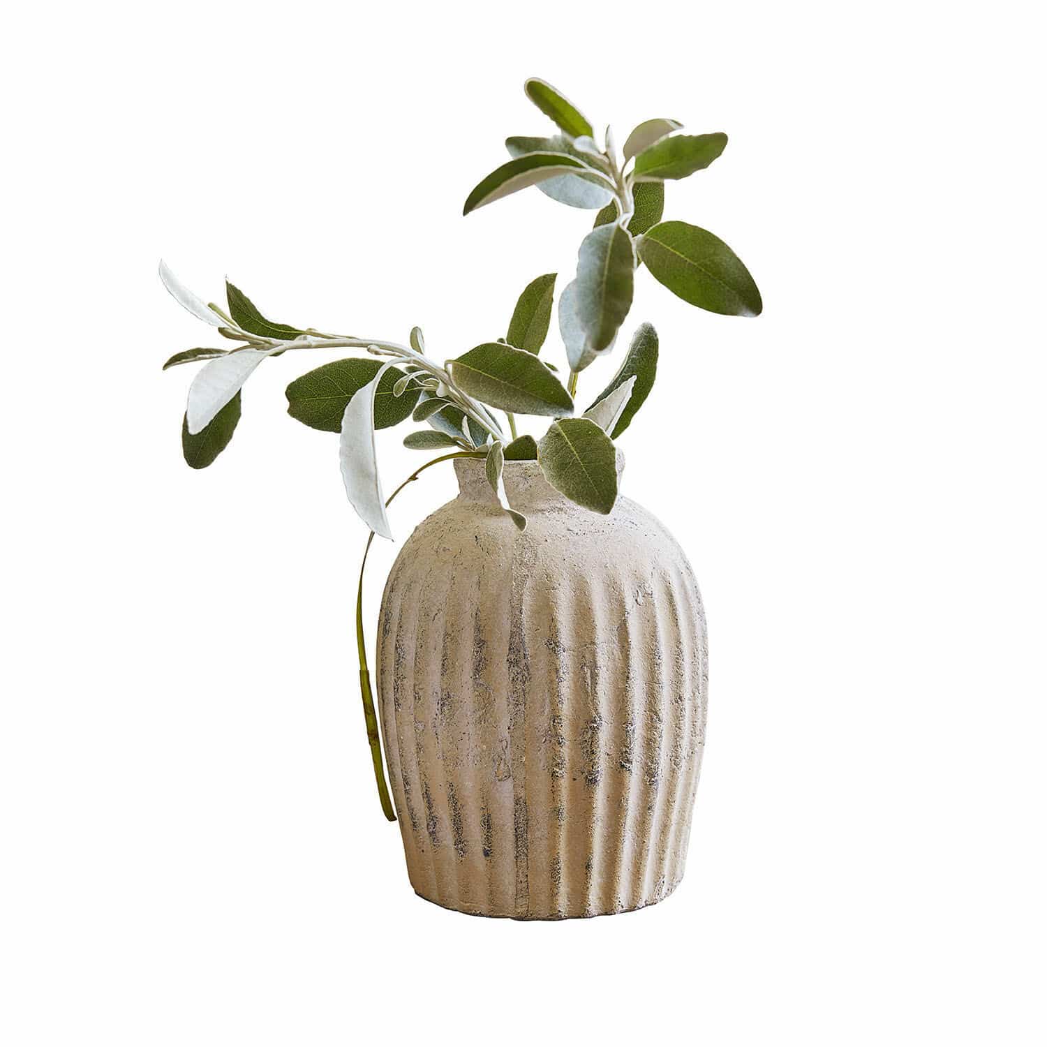 Vaas Melissa Beige keramische vaas met groeven en groene bladeren, natuurlijke interieurdecoratie