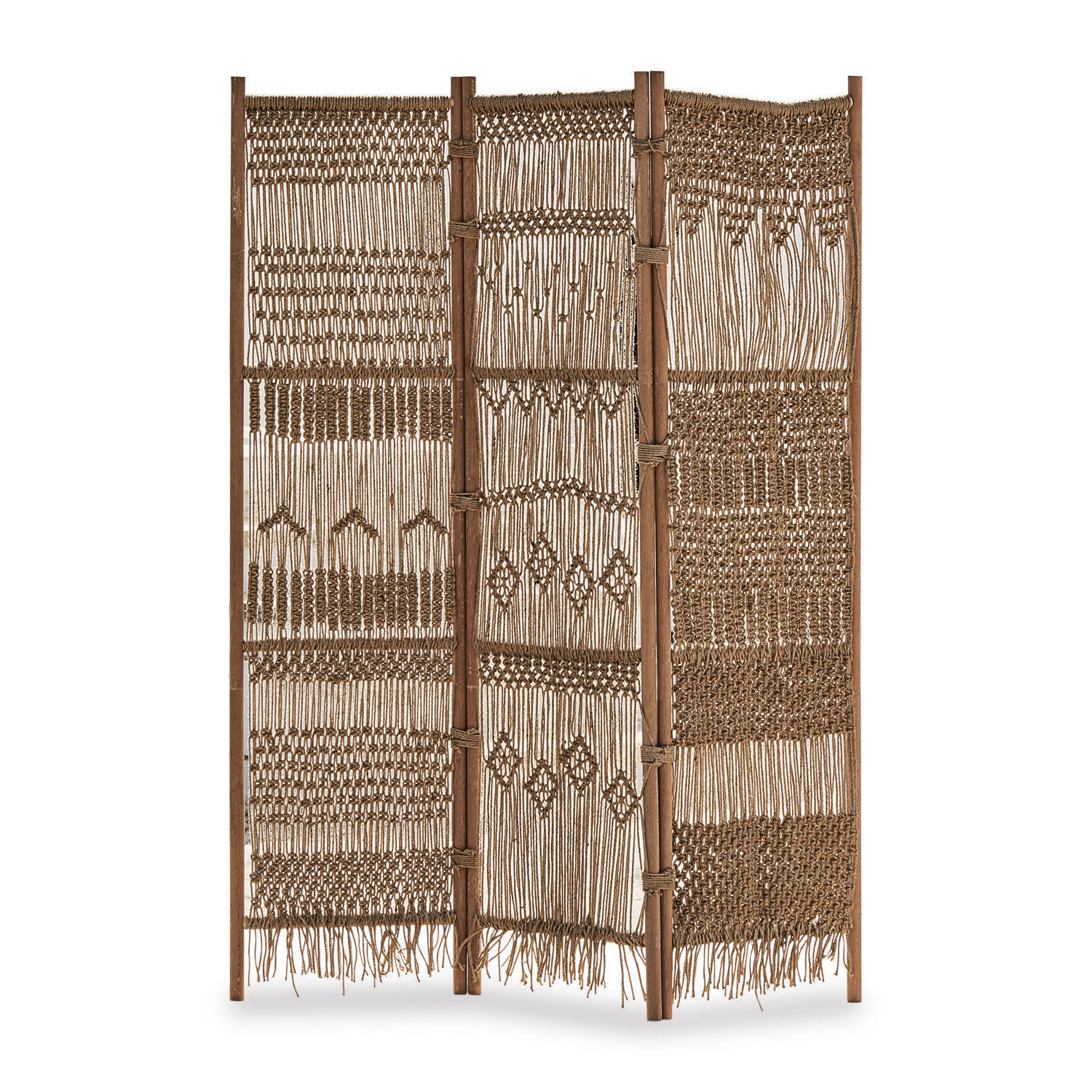 Roomdivider Tarik Decoratieve kamerverdeler van hout en gevlochten touw in natuurlijke bruine kleur voor interieur