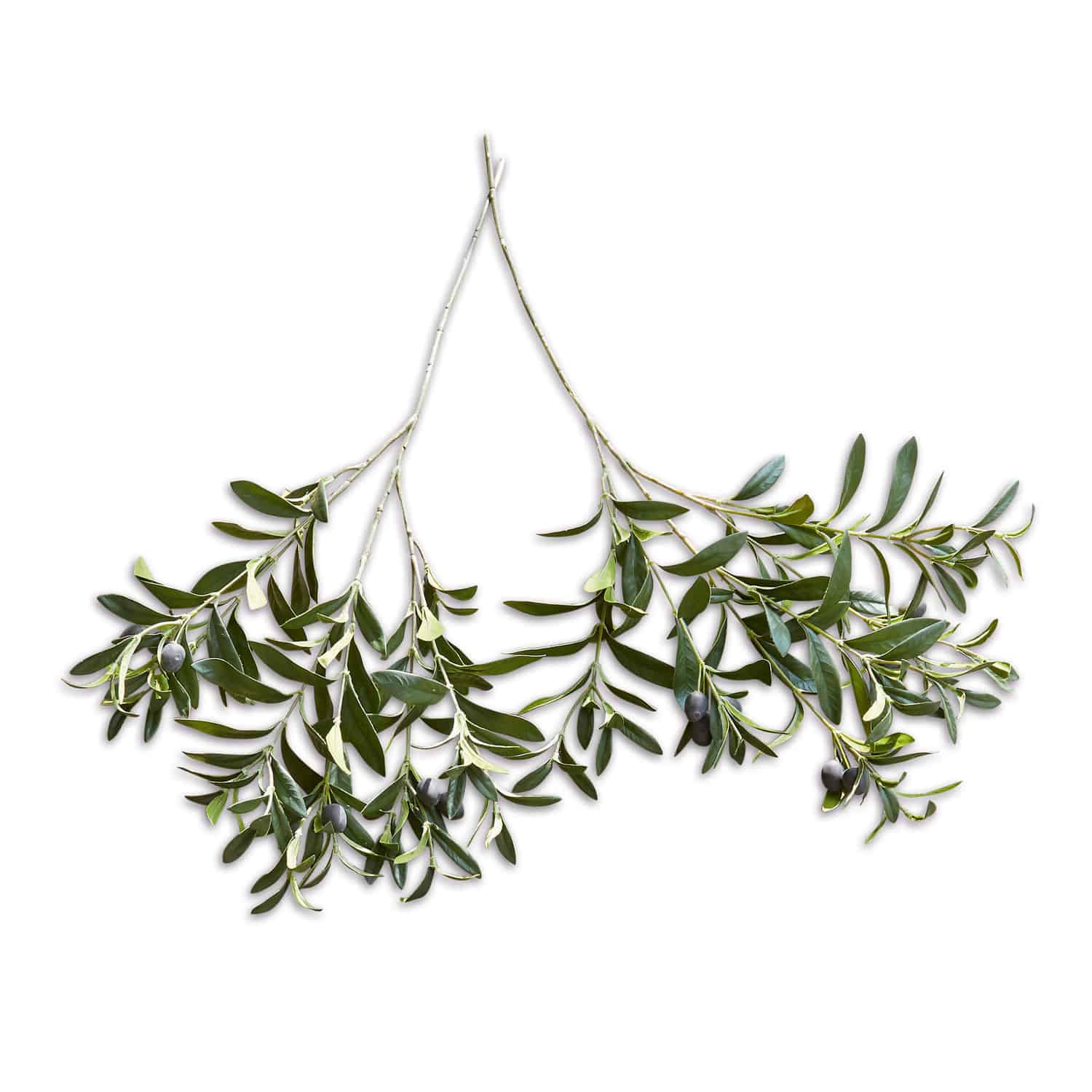 Kunstolijftak set van 2 Olives Olijftakken met groene bladeren en zwarte olijven op witte achtergrond, natuurlijke decoratie